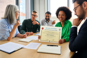 Equipo profesional mostrando un título universitario registrado y verificable en España